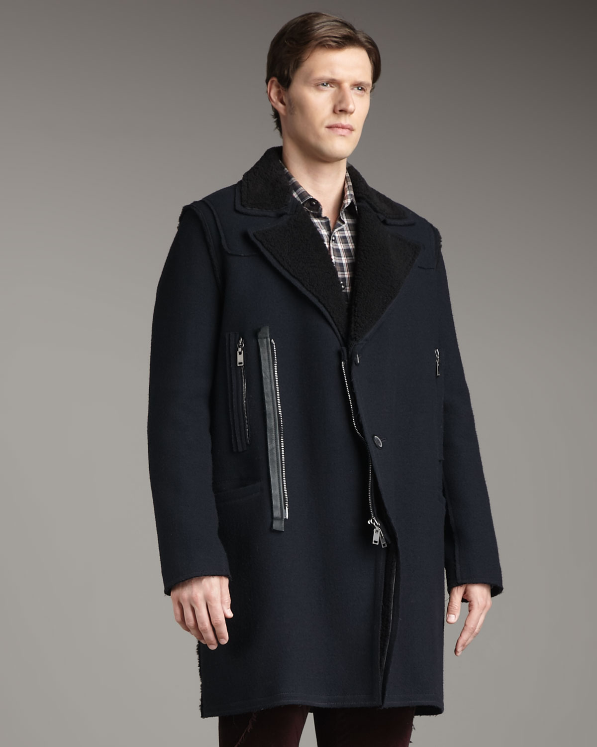 Lyst - Lanvin Wool and Shearling Pea Coat in Blue for Men