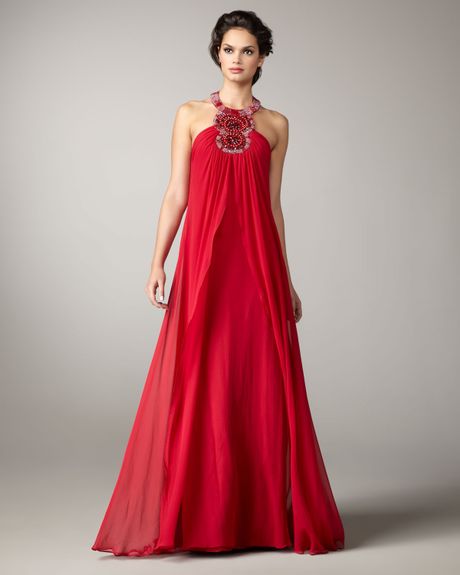 Aidan Mattox Beaded-halter Flowy Gown in Red | Lyst