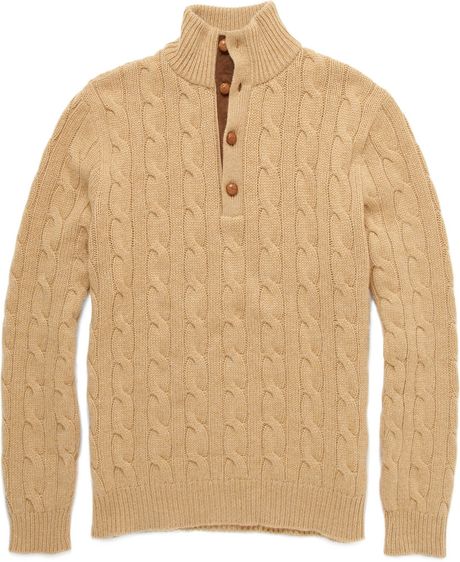 Ralph Lauren Purple Label Buttoned V-neck Cable Knit Sweater in Beige ...