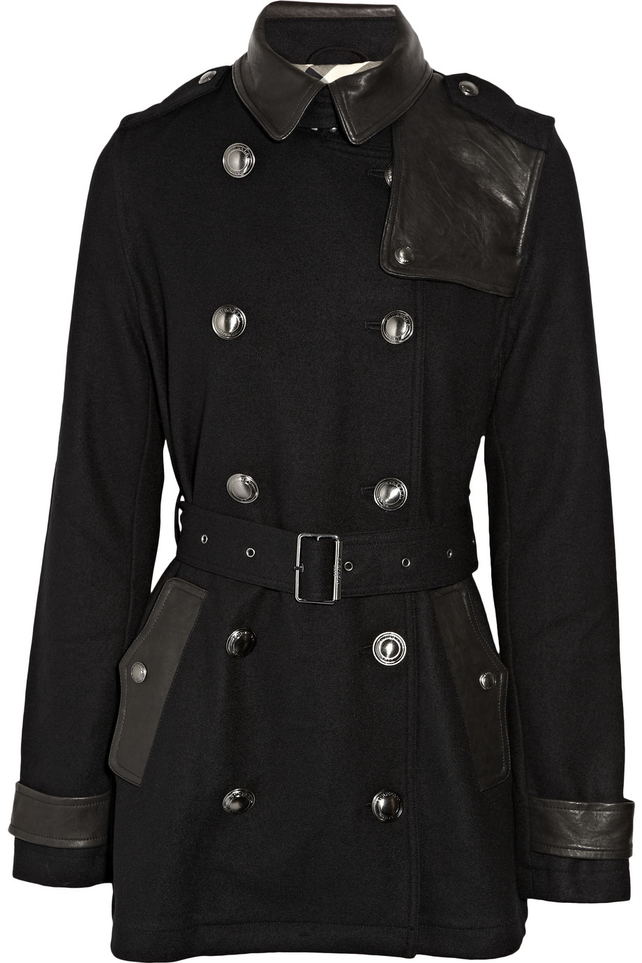 Burberry Brit Leather-trimmed Wool-felt Trench Coat in Black | Lyst