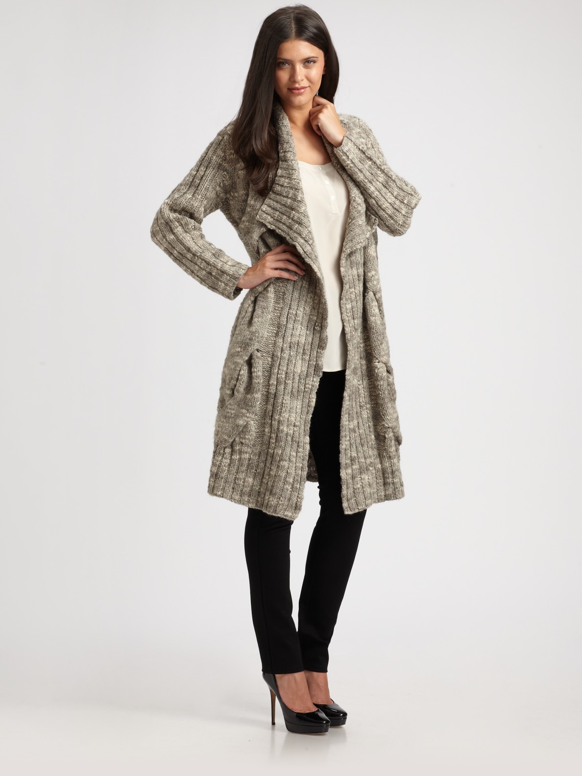 Eileen fisher Chunky Knit Sweater Coat in Gray | Lyst