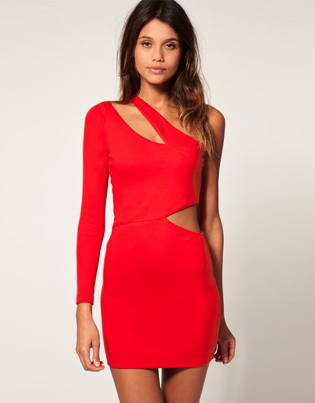 Asos Collection Asos Bodycon Dress with One Sleeve in Red | Lyst