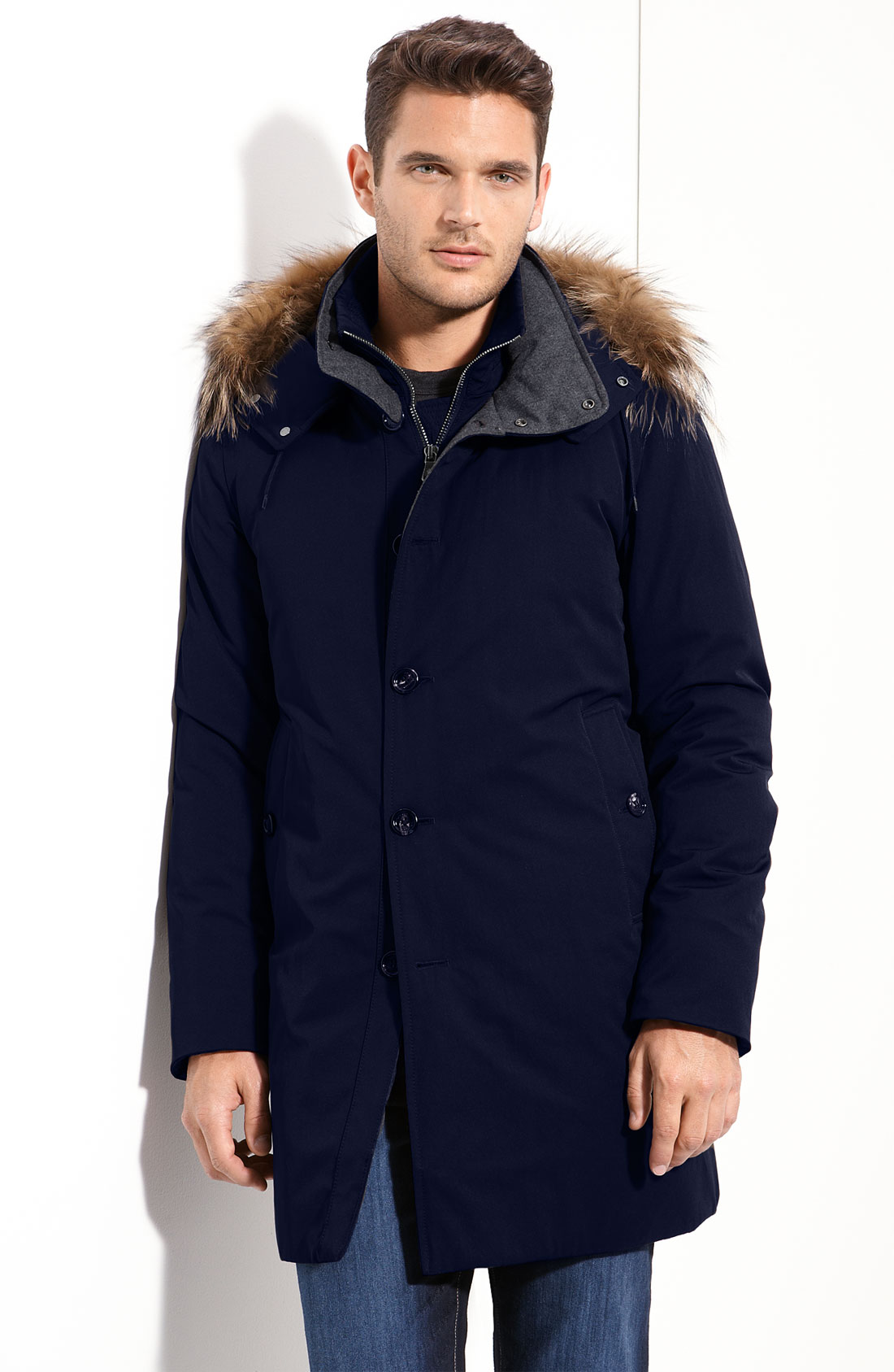 Moncler Fabrice Down Filled Coat with Genuine Coyote Fur Trim in Blue ...