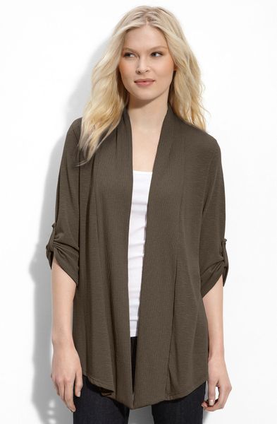 Bobeau Open Front Slub Knit Cardigan in Brown (mushroom) | Lyst