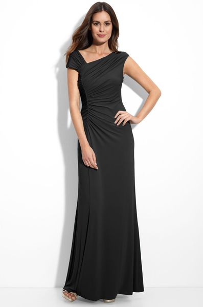 Calvin Klein Asymmetrical Ruched Jersey Gown in Black | Lyst