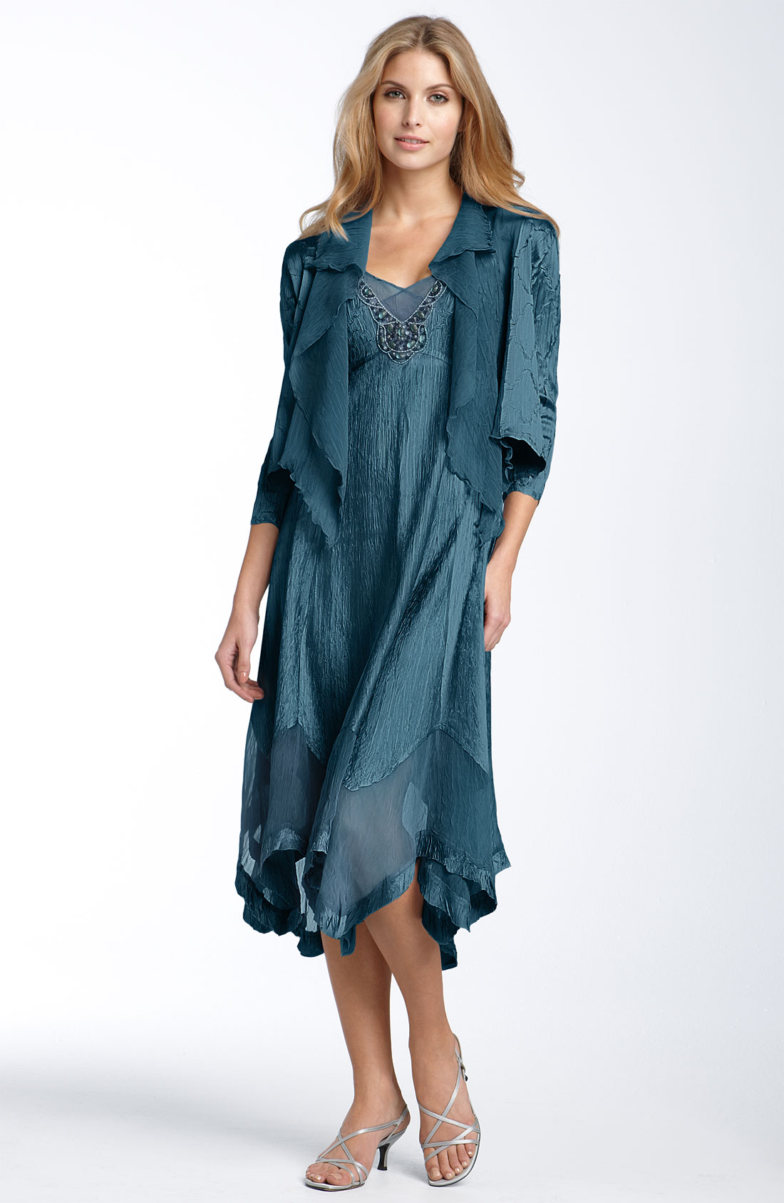 Komarov Beaded Pleated Charmeuse Dress & Jacket in Blue (moroccan blue ...