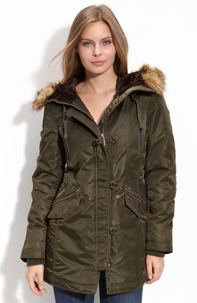 Miss Sixty Army Green Nylon Faux Fur Trim Hooded Coat in Green (spruce ...