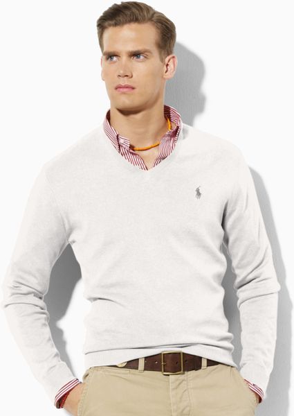 Polo Ralph Lauren V-neck Cotton Sweater in White for Men (buff) | Lyst