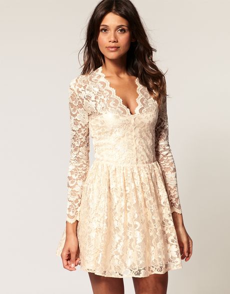 Asos Collection Asos Lace Skater Dress with Long Fitted Sleeves in ...