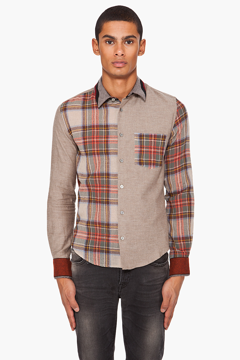 brown patchwork shirt