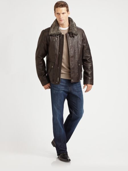 Cole Haan Tumbled Leather Bomber Jacket in Brown for Men | Lyst