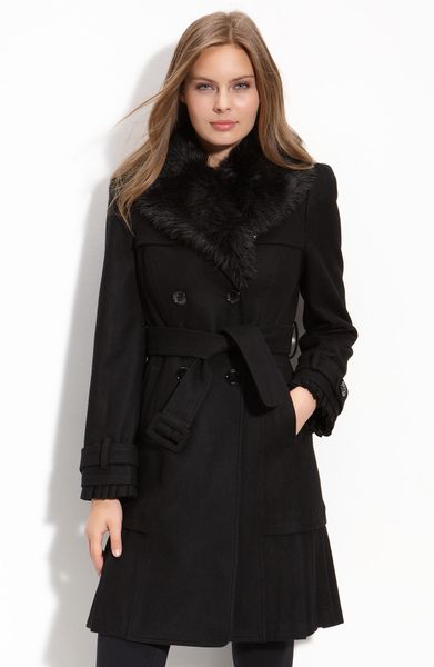 Bebe Double Breasted Coat with Detachable Faux Fur in Black | Lyst