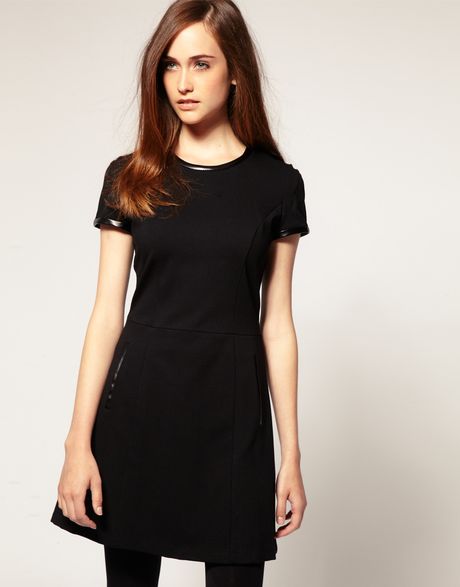 Mango Leather Trim 60s Shift Dress in Black | Lyst