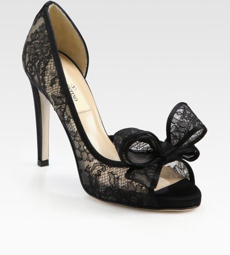 Valentino Semi-sheer Lace Peep Toe Bow Pumps in Black | Lyst