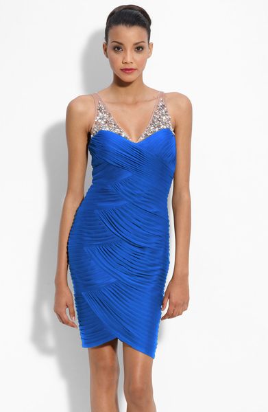 Adrianna Papell Illusion Bodice Mesh Sheath Dress in Blue (dusty blue ...