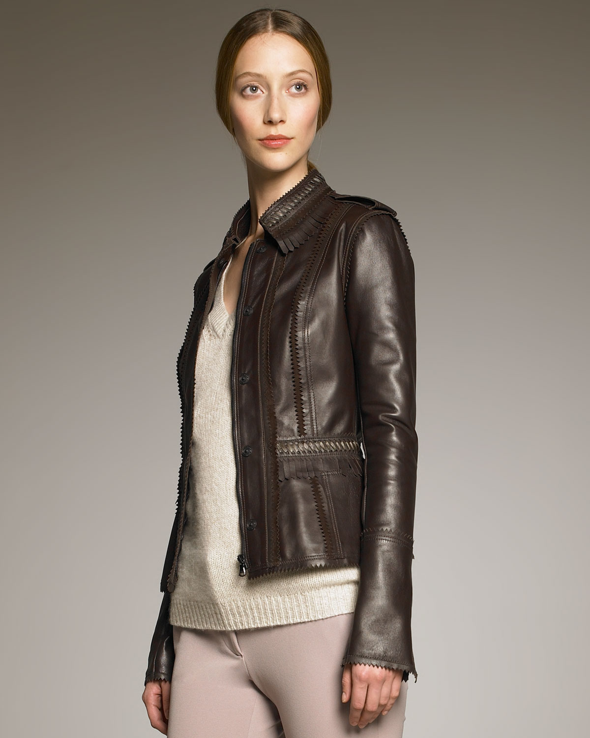 Lyst - Burberry prorsum Fringe-trim Bonded Leather Jacket in Brown