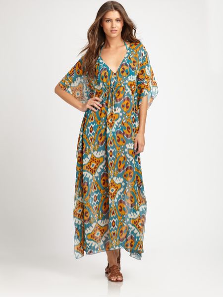 Tory Burch Long Printed Caftan in Blue (teal) | Lyst