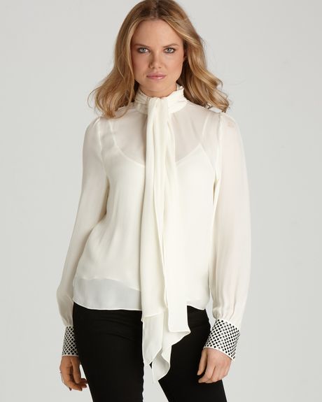 Vince Camuto Tie Neck Blouse with Studded Cuffs in Beige (light cream ...