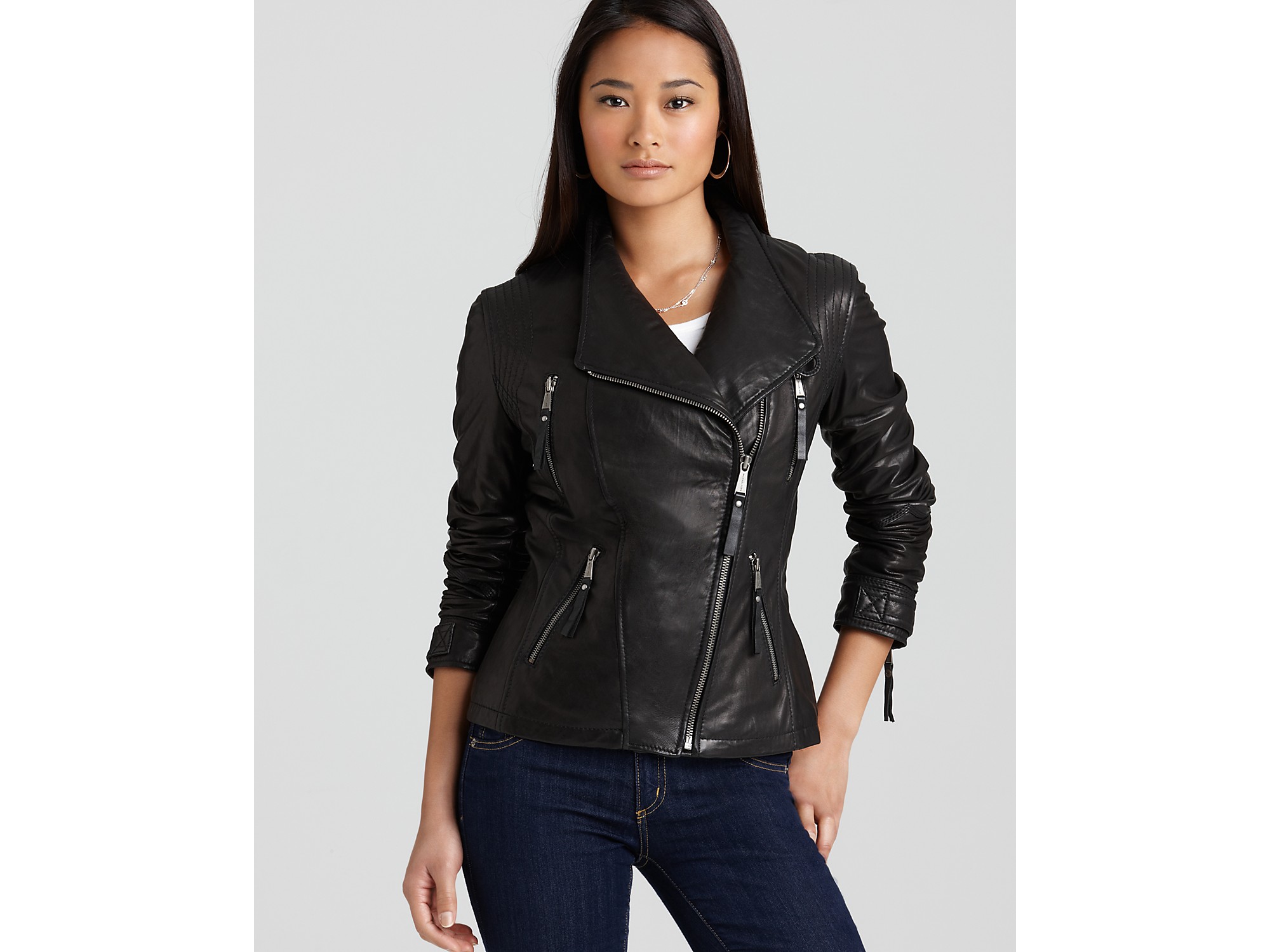 Lyst Michael Kors Asymmetric Zip Front Leather Jacket In Black Gallery