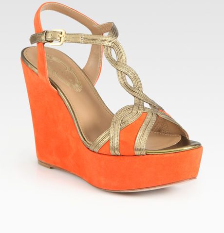 Elie Tahari Lynette Suede and Metallic Leather Wedge Sandals in Orange ...