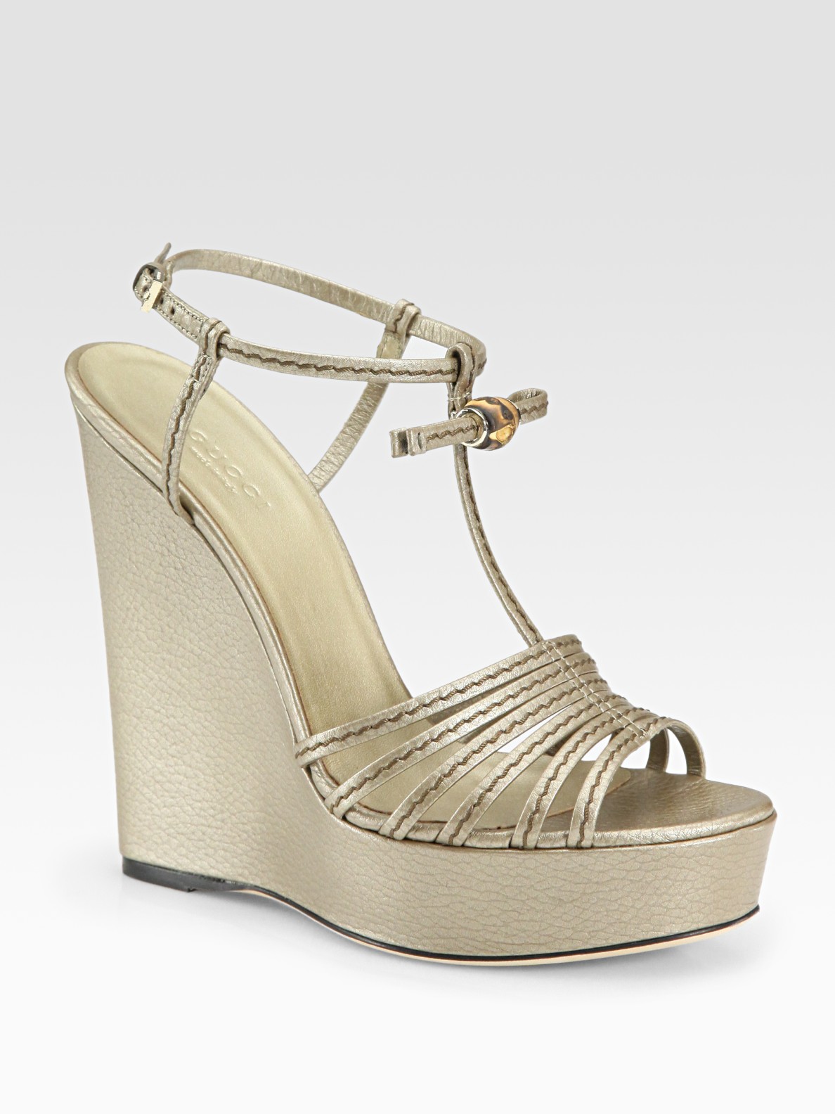 Gucci Bamboo Lace Metallic Leather Bow Wedge Sandals in Metallic | Lyst