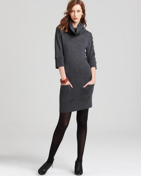 Catherine Malandrino Button Neck Sweater Dress with Pockets in Gray ...