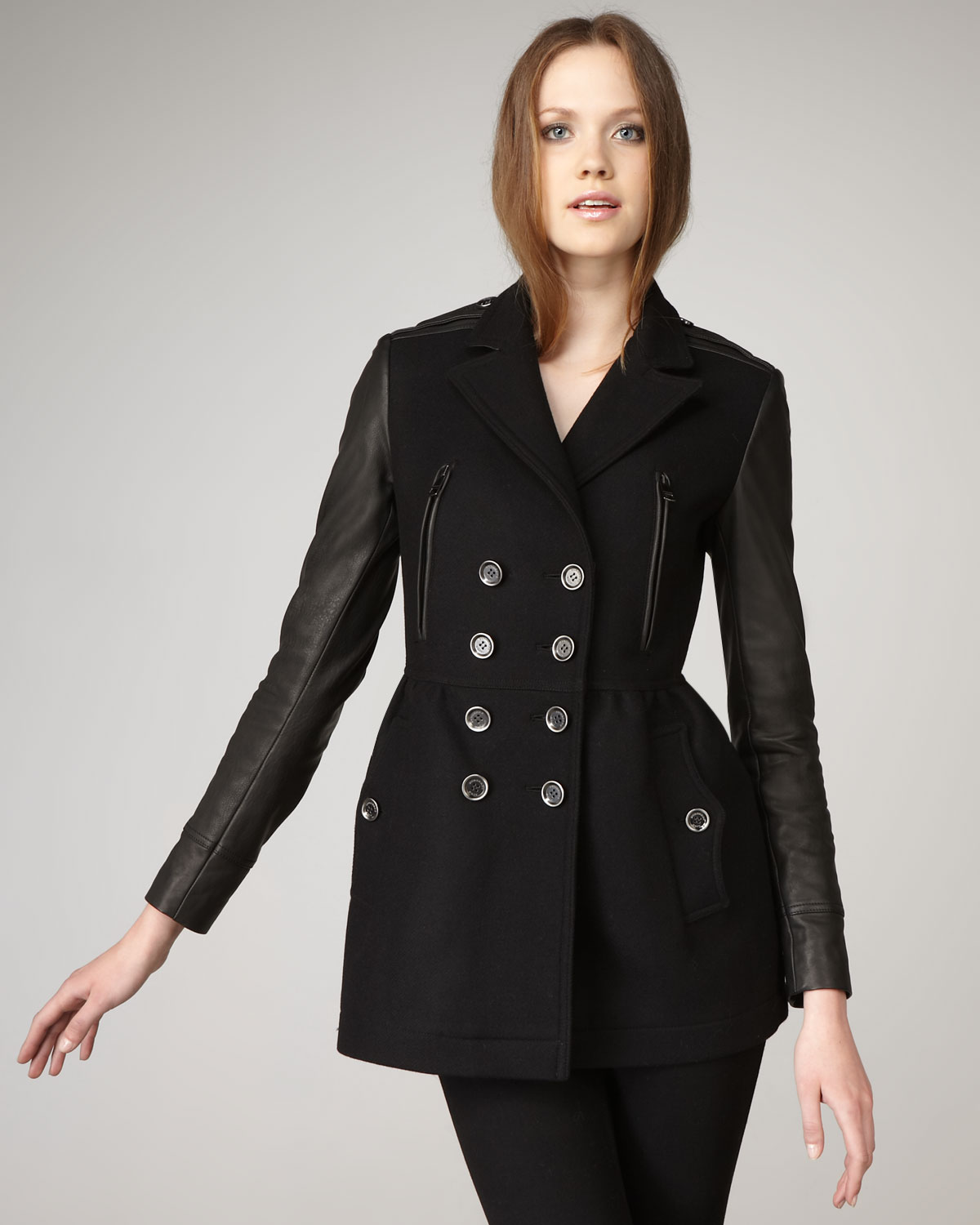 Burberry brit Leather-sleeve Double-breasted Coat in Black | Lyst