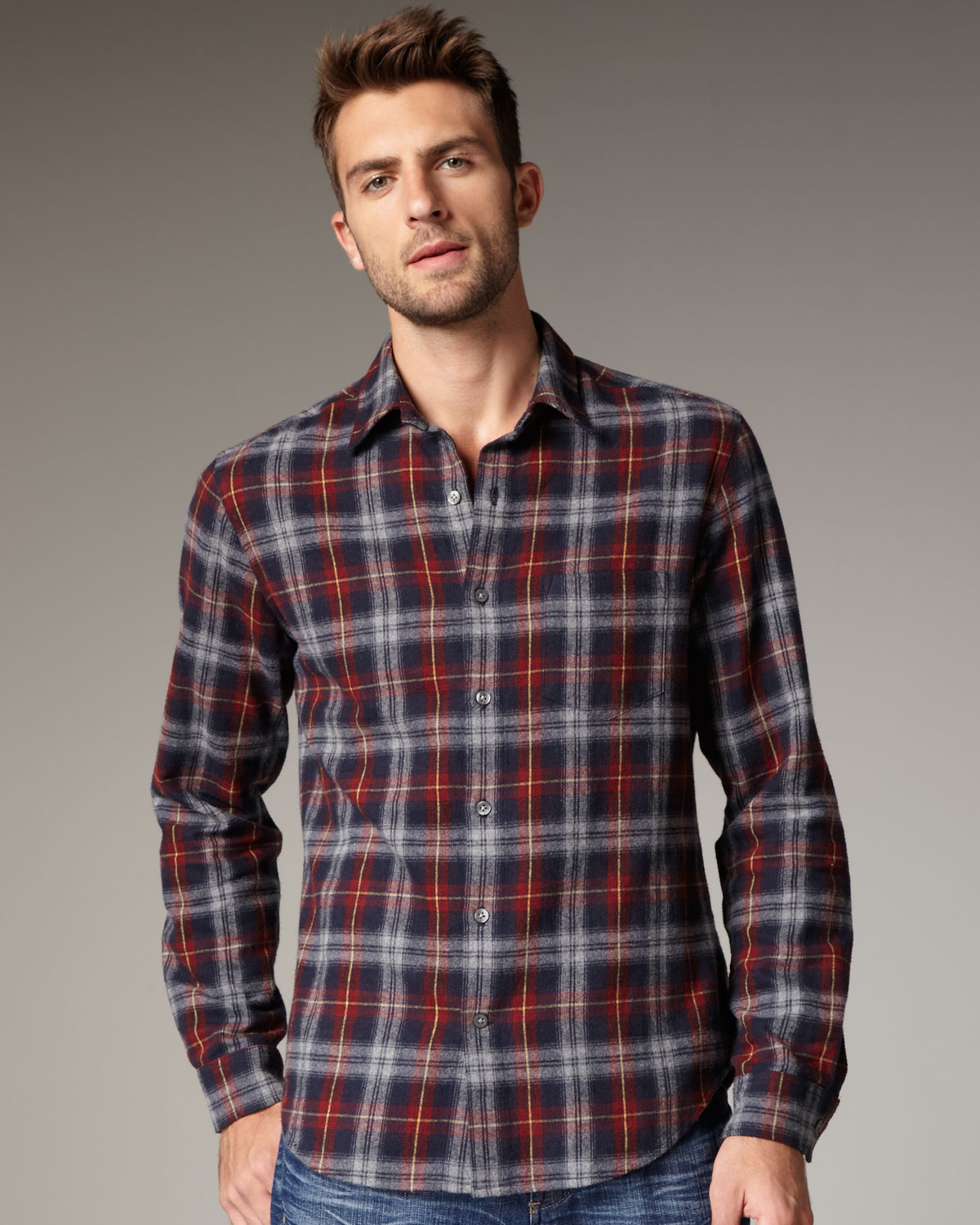 Vince Ombre-plaid Flannel Shirt in Brown for Men (crimson) | Lyst
