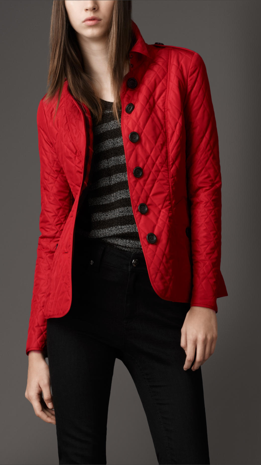 Burberry Leather Trim Quilted Jacket in Red (military red) | Lyst