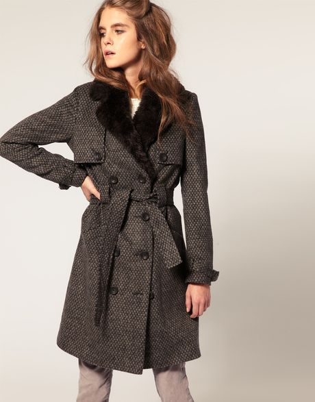 Asos Collection Asos Trench Coat with Faux Fur Collar in Gray (mink) | Lyst