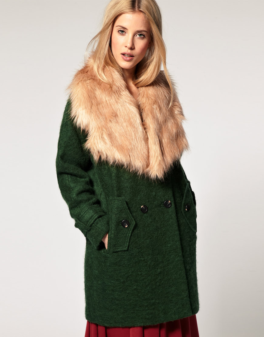 Asos Collection Coat with Oversized Faux Fur Collar in Green (teal) | Lyst