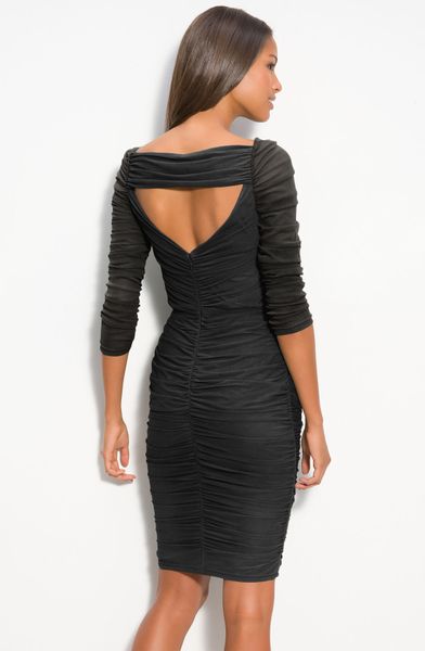 Jessica Simpson Sheer Sleeve Ruched Dress in Black | Lyst