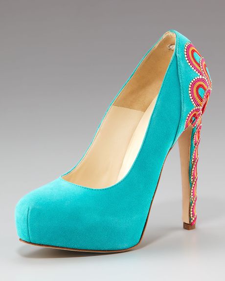 Brian Atwood Embroidered-heel Pump in Blue (aqua multi) | Lyst