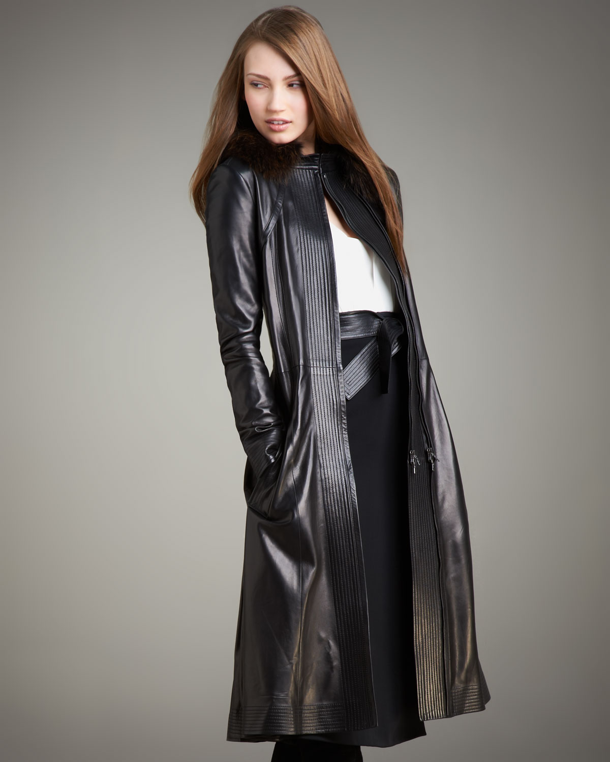 Narciso rodriguez Fur-collar Long Leather Coat in Black | Lyst