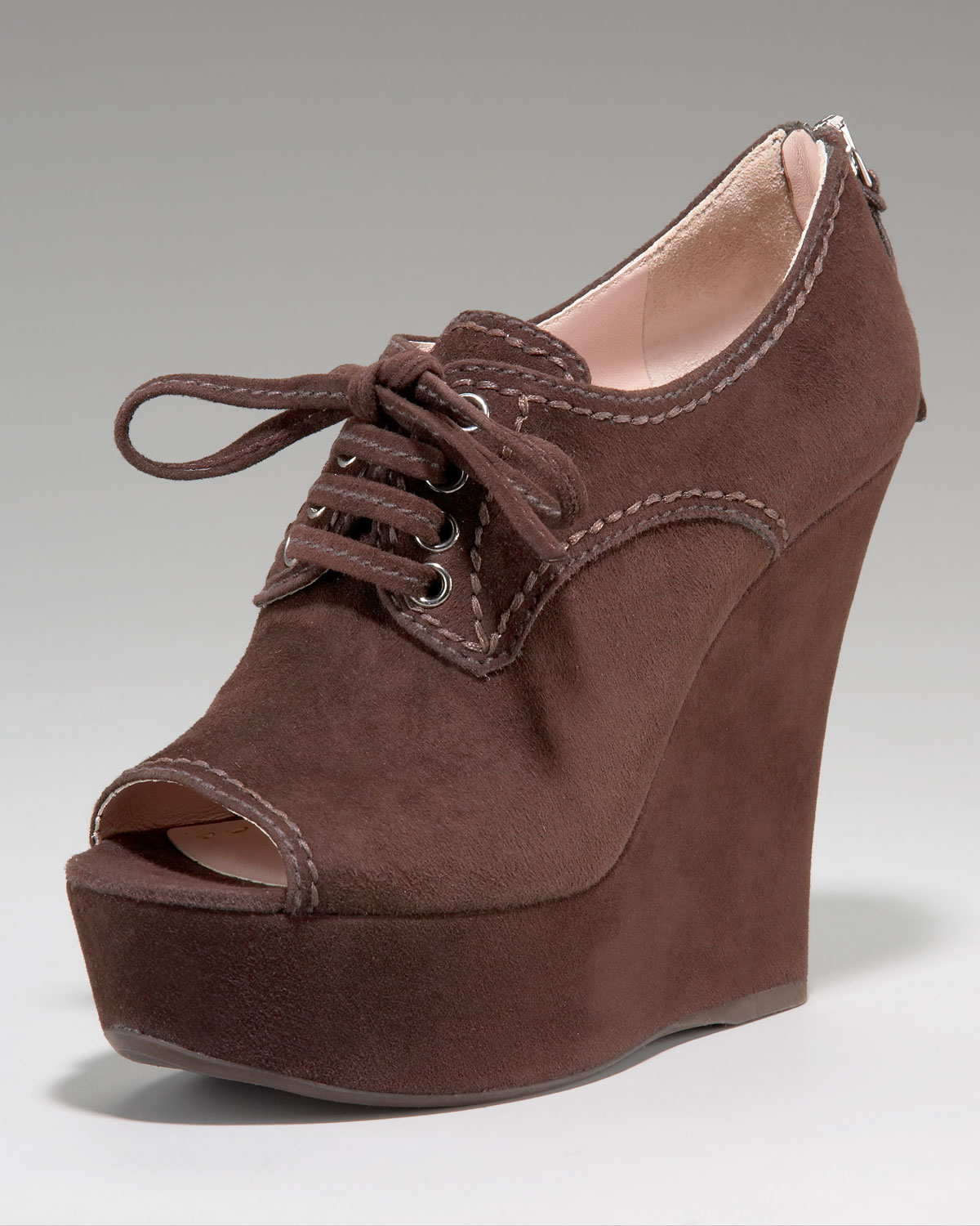 Miu Miu Suede Peep-toe Zip Back Wedge Bootie in Brown | Lyst