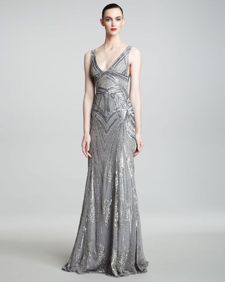 Monique Lhuillier Art Deco Embroidered Gown in Silver | Lyst