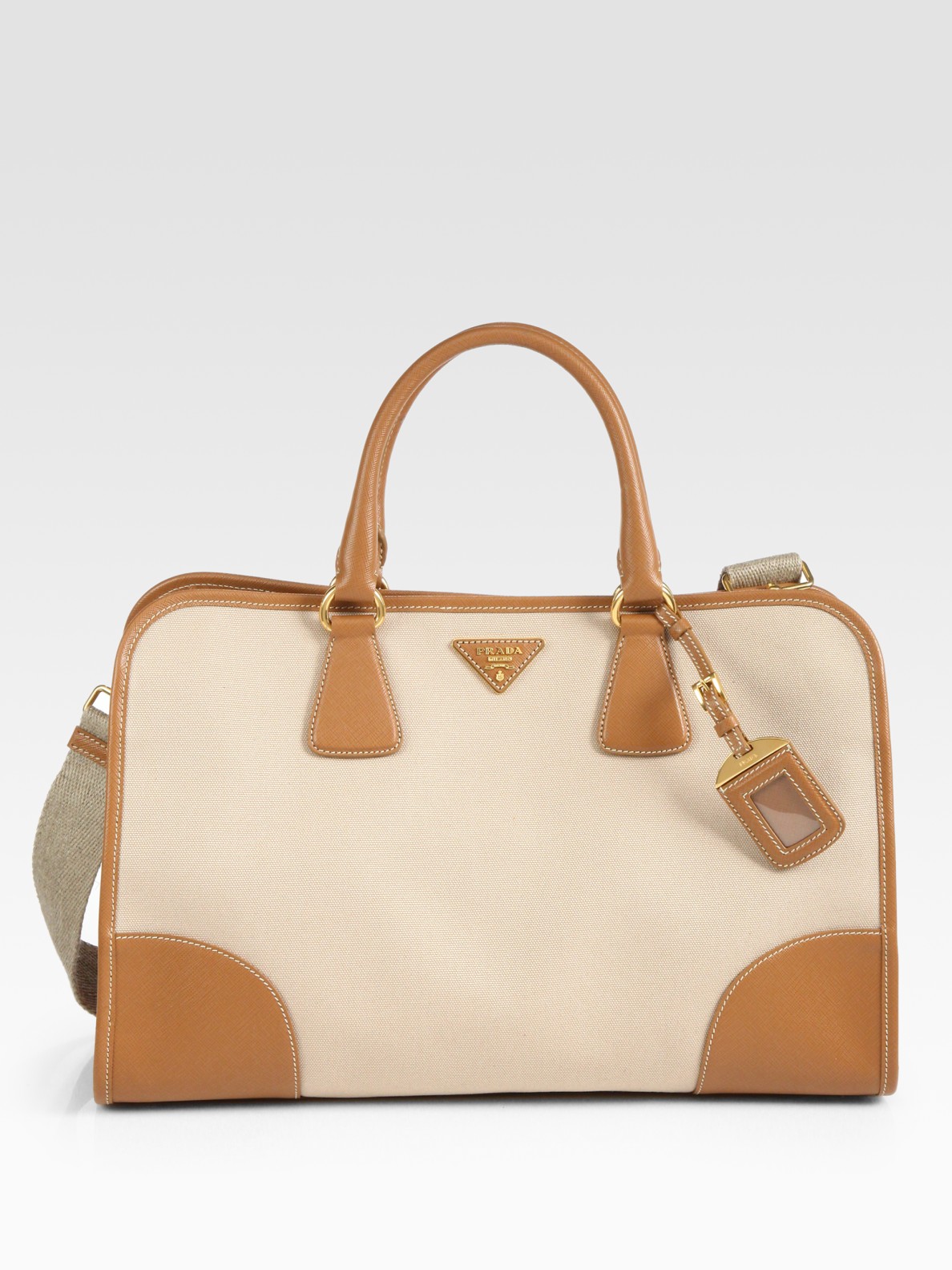Lyst Prada Saffiano Leather Canvas Top Handle Bag In Natural Gallery
