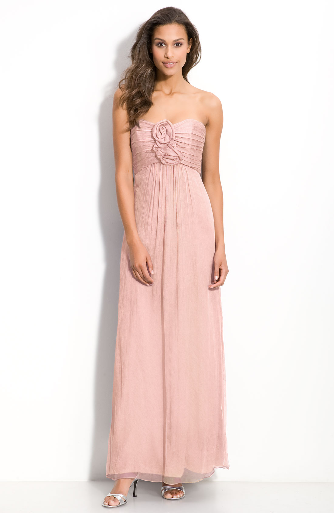 Amsale Rosette Trim Strapless Chiffon Gown in Pink (blush) | Lyst