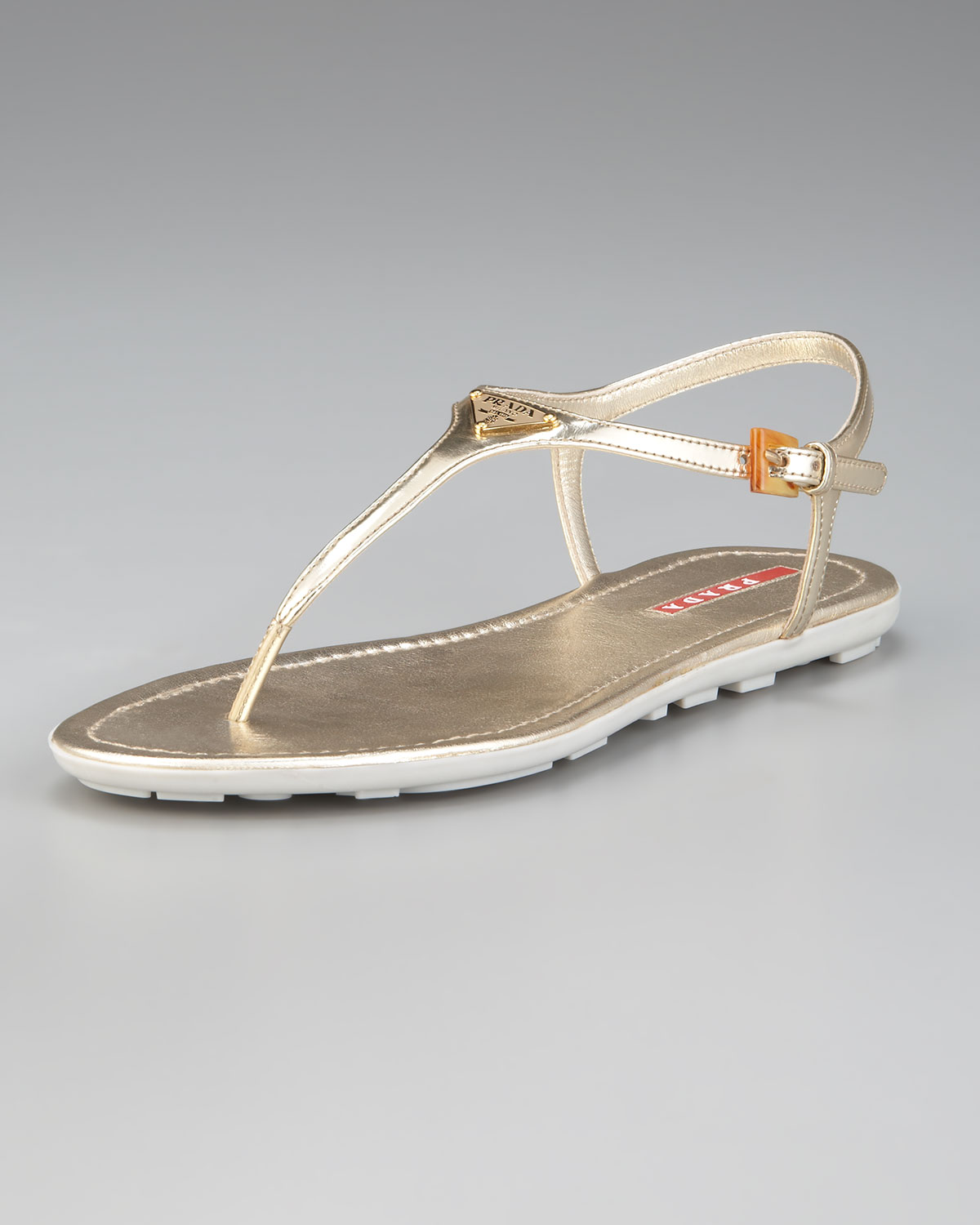 Prada Leather Logo Thong Sandal in Beige (gold) | Lyst