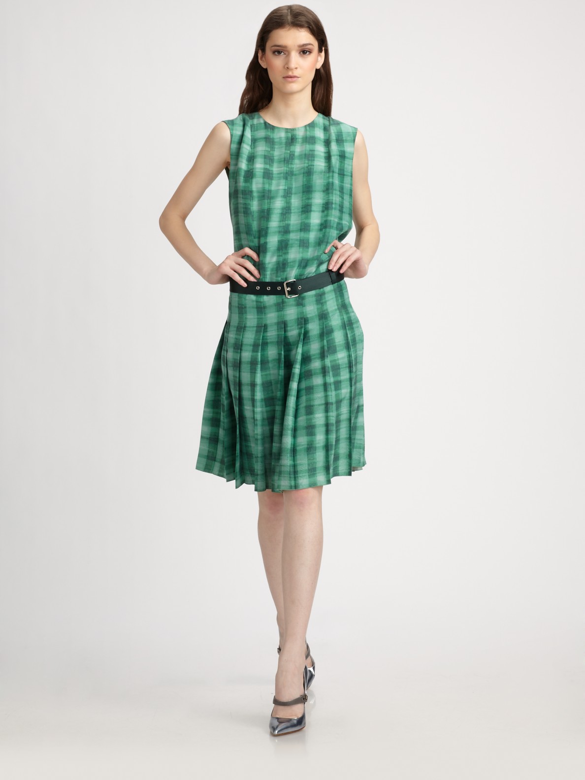 Lyst Marc Jacobs Belted Silk Gingham Dress In Green Gallery