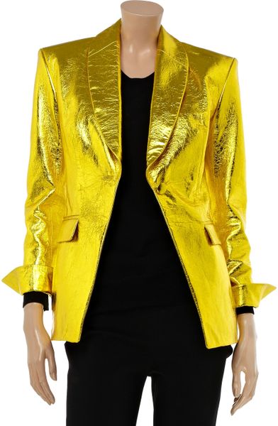 Balmain Metallic Leather Jacket in Gold | Lyst