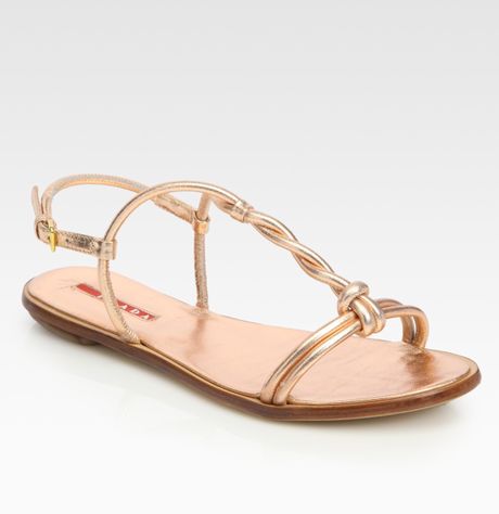 Prada Metallic Leather T-strap Flat Sandals in Gold (bronze) | Lyst