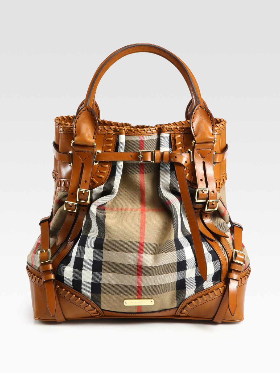 Burberry prorsum Whipstitch Leather & Check Canvas Tote Bag in Brown | Lyst
