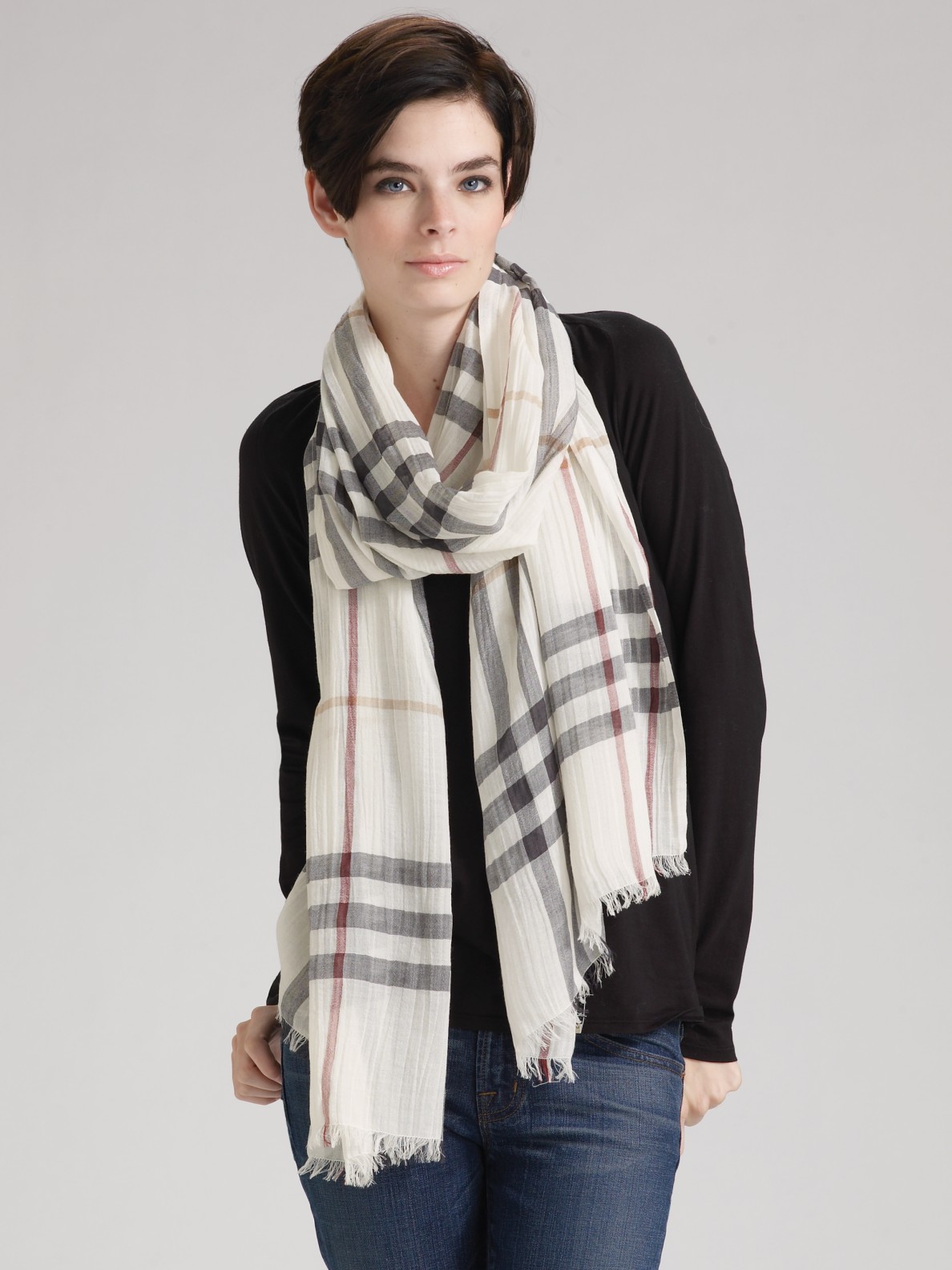 Burberry Giant Check Gauze Scarf in White (ivory) Lyst