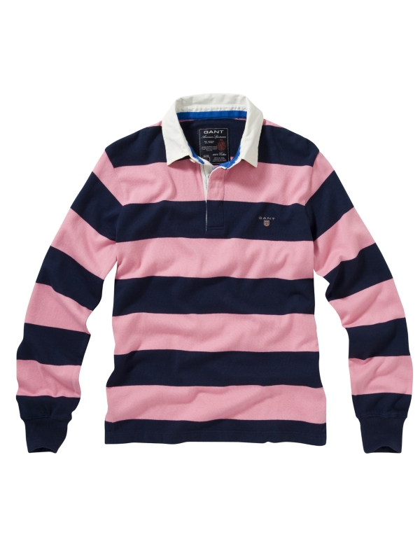 Gant Short Sleeve Block Stripe Rugby Shirt Pink in Blue