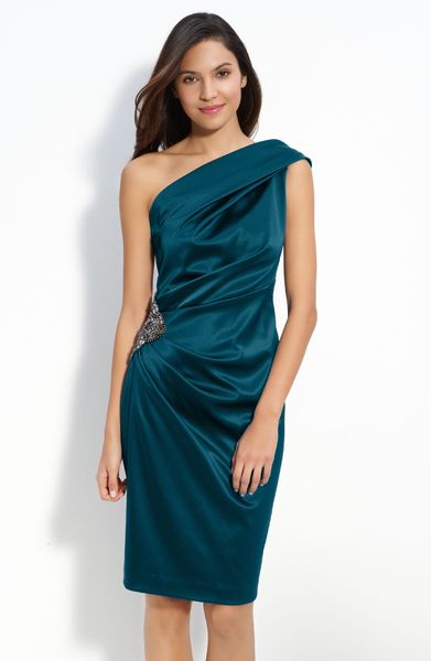 Eliza J Beaded One Shoulder Satin Dress in Blue (teal) | Lyst