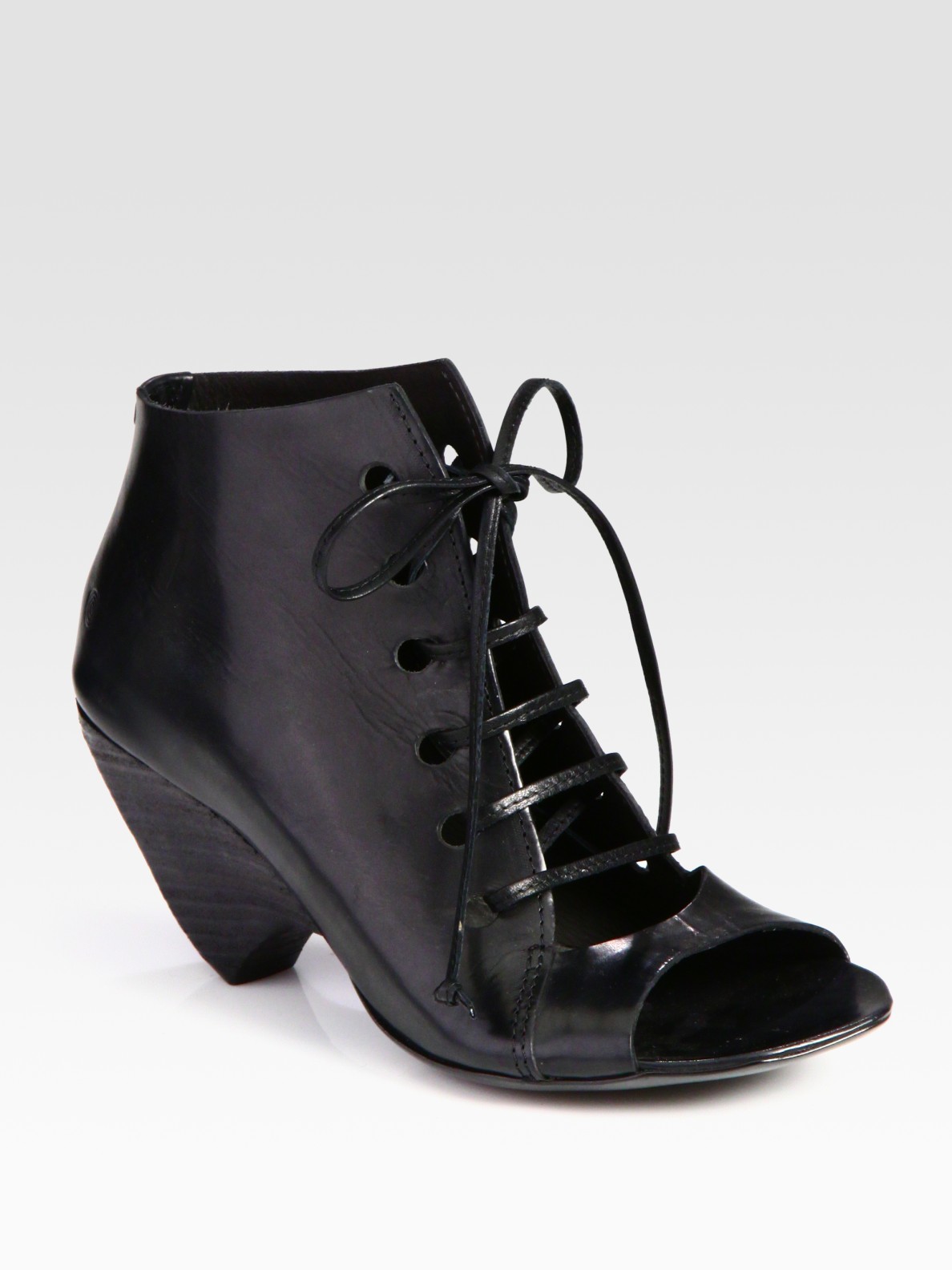 Marsell Laceup Leather Peep Toe Ankle Boots in Black | Lyst