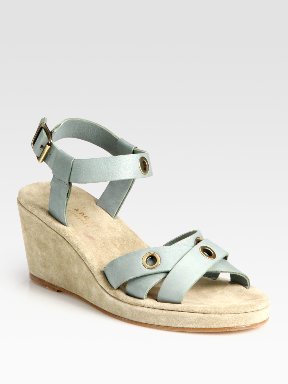 A.p.c. Leather and Suede Grommet Wedge Sandals in Blue Lyst