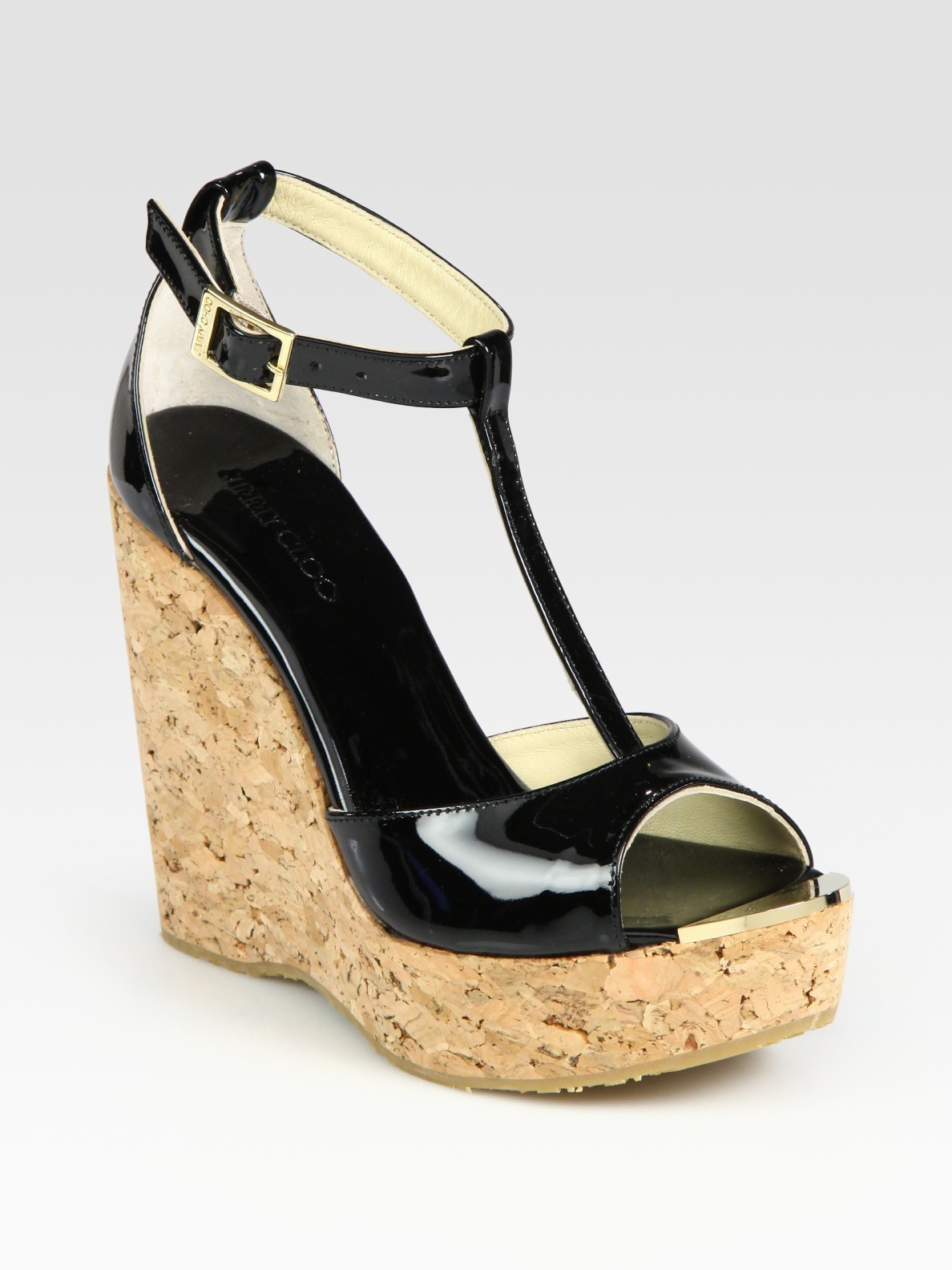 Jimmy Choo Patent Leather T-strap Wedge Sandals in Black | Lyst