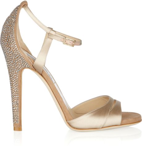 Jimmy Choo Tema Crystal-embellished Satin and Suede Sandals in Beige ...